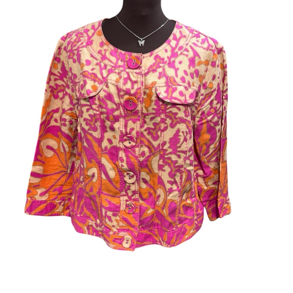 Focus 2000 Linen Jacket Womens 16 Pink Orange Abstract Retro Y2K